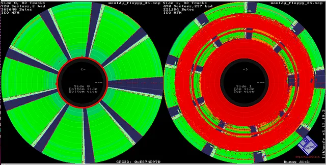 Flux stream shown in HxC Floppy Emulator. This flux stream is of a mouldy floppy disk that has been read. The mould residue has stuck to the floppy drive head and kept reading, this increased the distance to the magnetic medium and scratched the disk surface. This is also referred to as the ‘bulldozer effect’. More information on this and how to prevent it can be found in the Cleaning Floppy Disk Drives section of this guide.