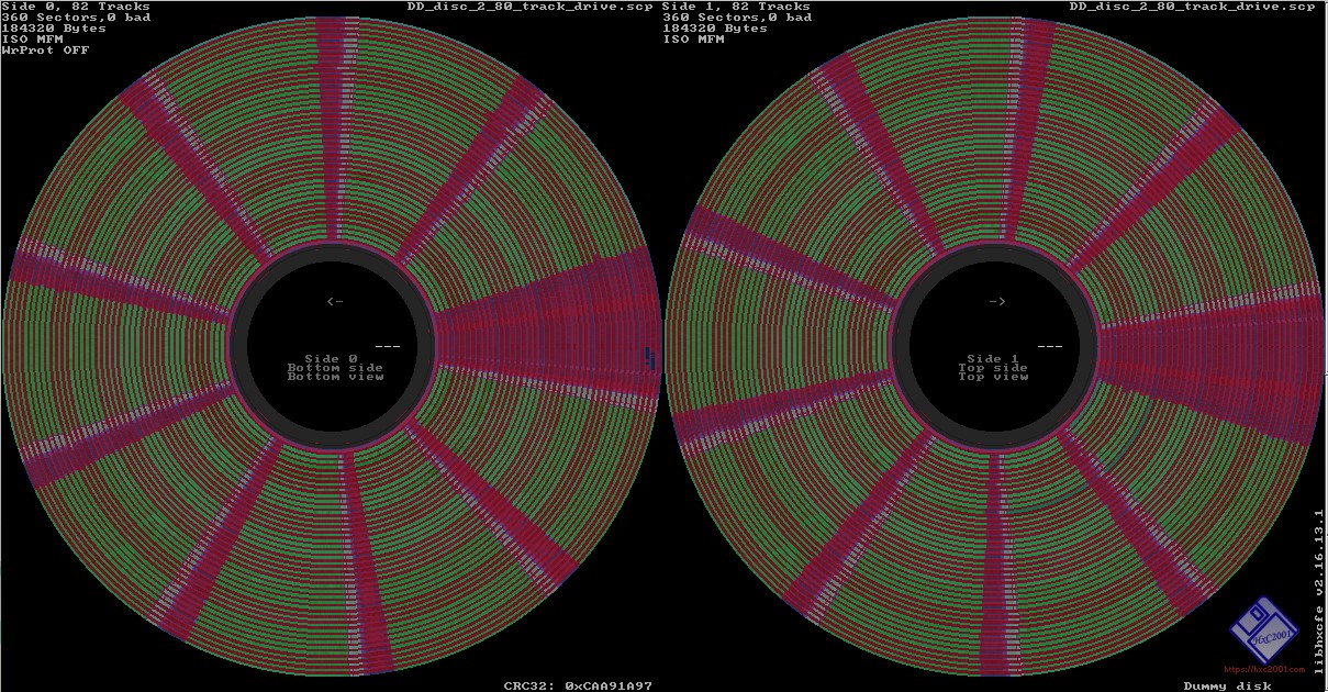Double density floppy disk on an 80-track (high density) floppy drive. This read may look unsuccessful because of the red bands visible on the image. However, these red bands are places where no data has been found on the 80-track floppy drive as only 40-tracks are present on the double density floppy disk that was imaged.