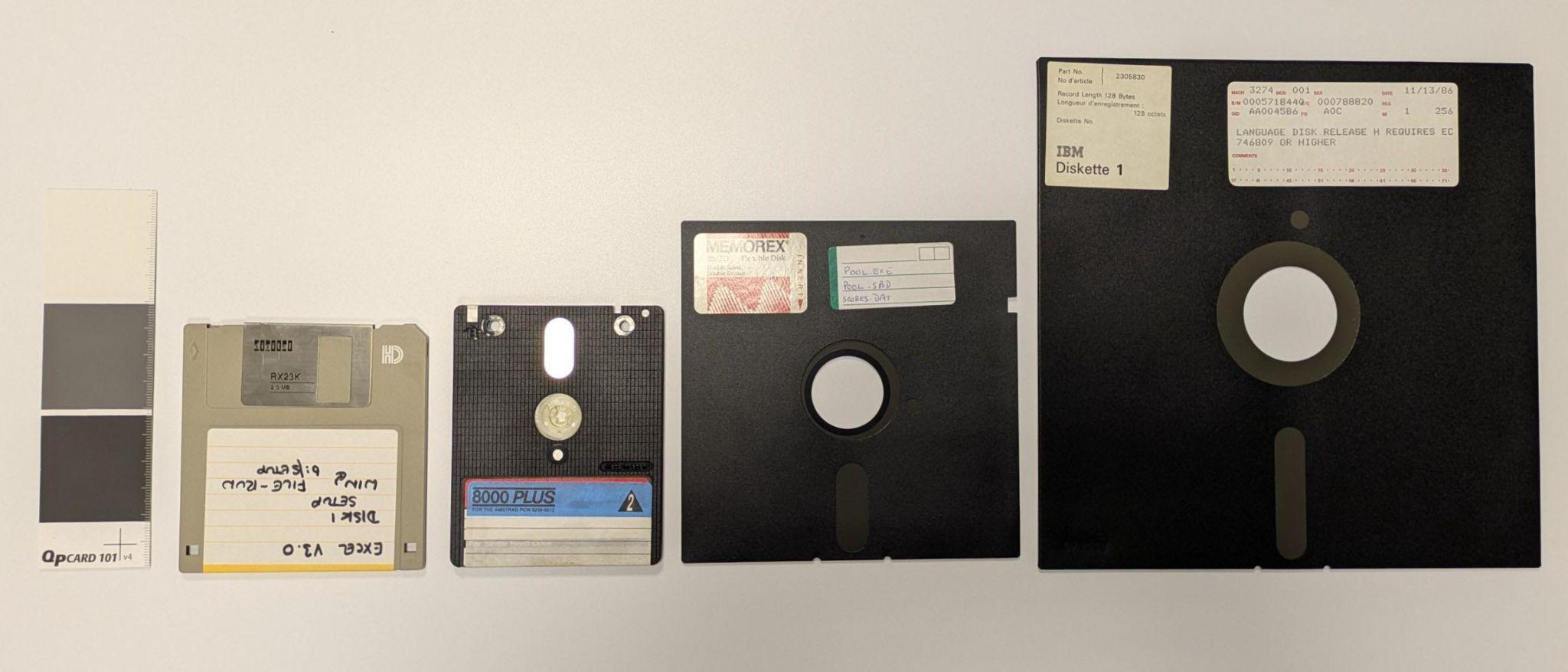 All floppy disks covered in this guide from left to right: 3.5-inch floppy disk, 3-inch (Amstrad) floppy disk, 5.25-inch floppy disk and 8-inch floppy disk.